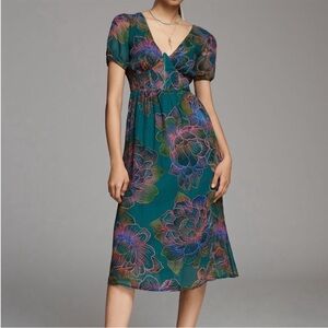 FARM Rio Blue and Purple Puff Sleeve V-Neck Midi Dress